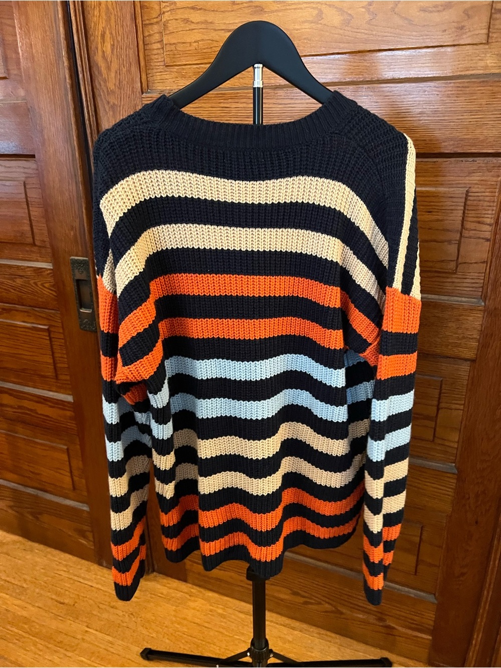 KURUNDO Striped Crewneck Sweater - Black, Orange & Cream Fall